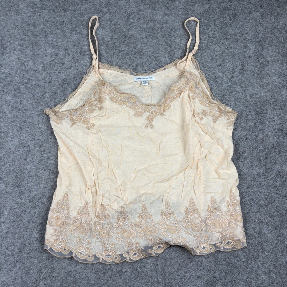 American Eagle Cami Tank Top Womens XL Cream Lace Trim Embroidered Boho V-Neck